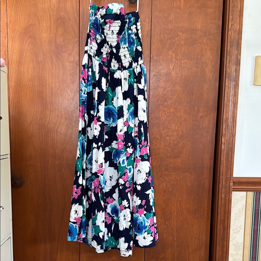Pink and Blue Floral Midi Dress with Puff Sleeves H-17 - Picture 3 of 6